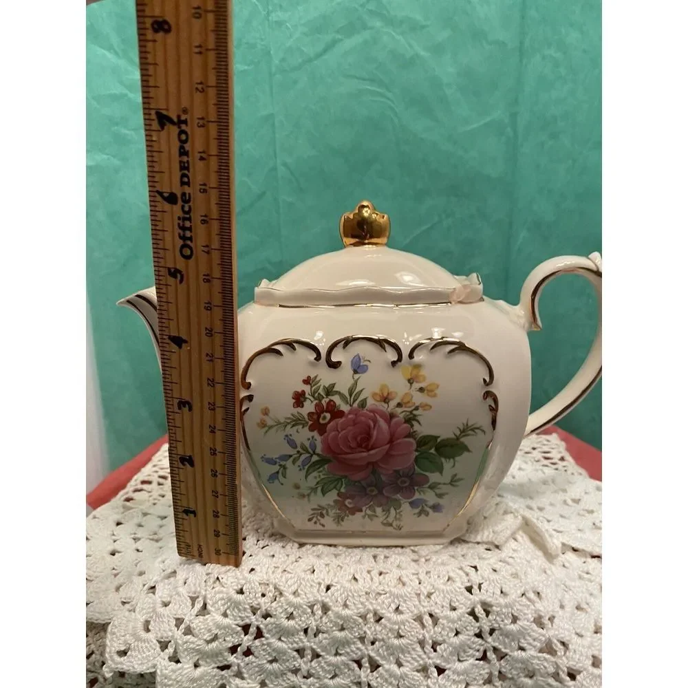 Vintage Sadler England Cube Teapot #2097 Rose Flowers Gold Trim‎